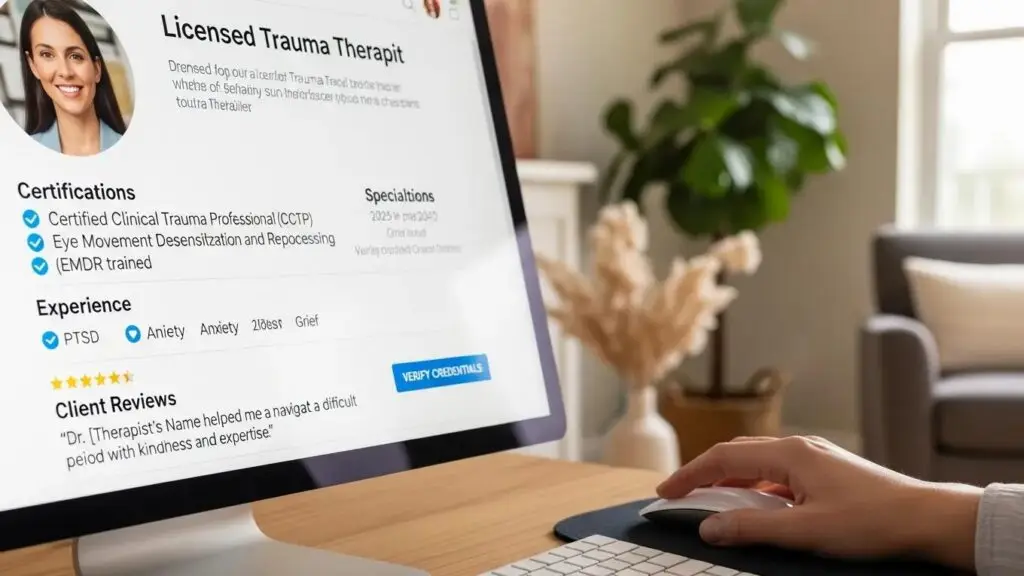 Client reviewing online therapist credentials and experience
