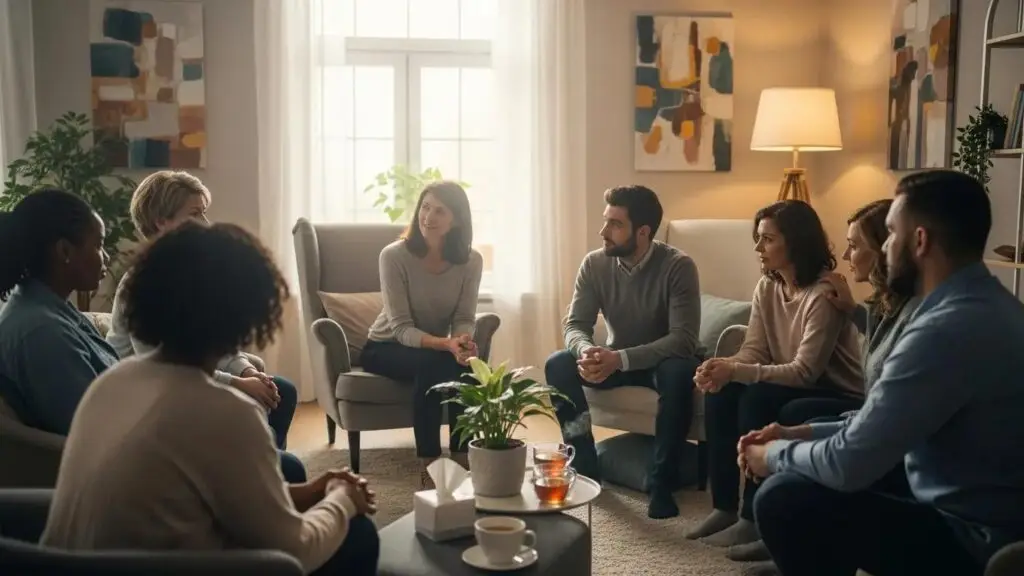 Group therapy session highlighting trauma-informed care and shared healing experiences