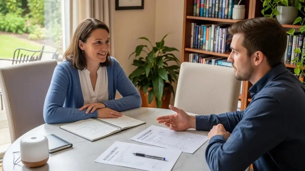Therapist and client discussing personalized therapy strategies in a supportive environment