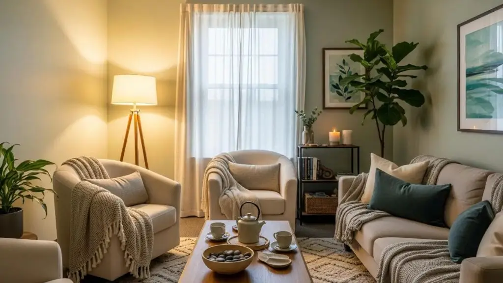 Tranquil therapist's office designed for comfort and emotional safety