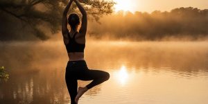 Woman practicing yoga by a serene lake at sunrise, promoting mindfulness and stress relief, relevant to anxiety management and mental health resources.