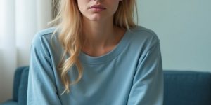 Woman with long blonde hair sitting on a couch, looking contemplative and concerned, reflecting themes of anxiety and emotional distress in a counseling context.