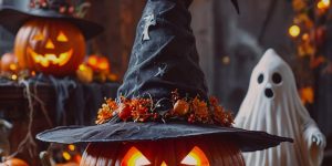 Halloween-themed scene featuring a carved pumpkin with a witch's hat adorned with autumn leaves and a ghost figure in the background, symbolizing seasonal stress and anxiety management tips.