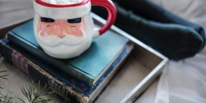 Hot chocolate in a Santa mug.