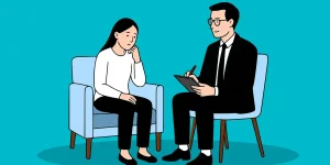 Illustration of a therapist consulting with a client, representing trauma counseling and emotional support.