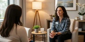 Therapist and client in a cozy office setting focused on trauma recovery